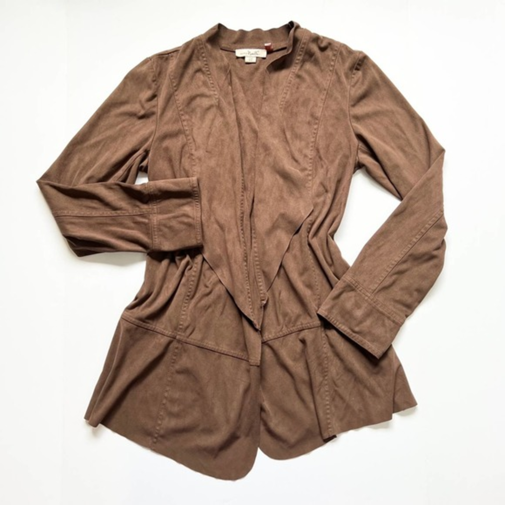 brown open front‎ cardigan faux suede long sleeve Size S/M Simply Noelle